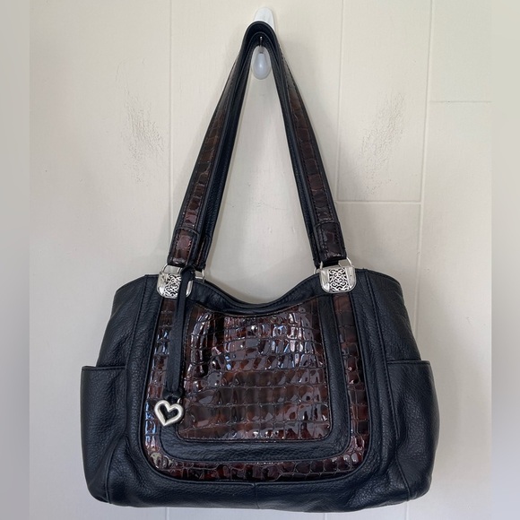 Brighton Black Brown Croc Embossed Genuine Leather Large Shoulder Bag Purse - Picture 1 of 16